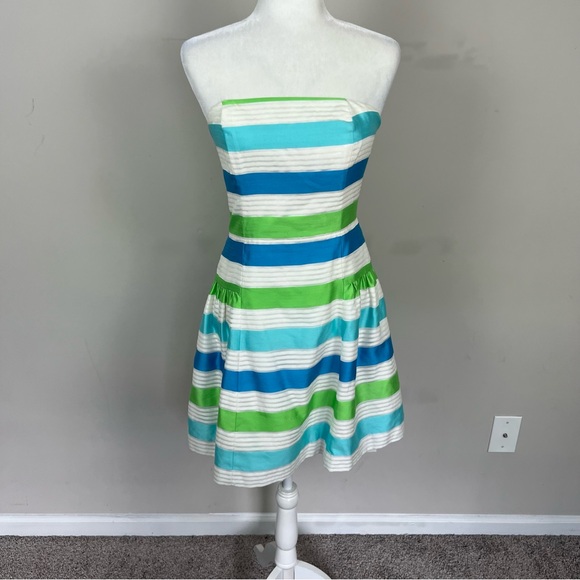 LILLY PULITZER JORDAN STRAPLESS STRIPED MINI DRESS SIZE 4 BLUE AND GREEN - Picture 11 of 16